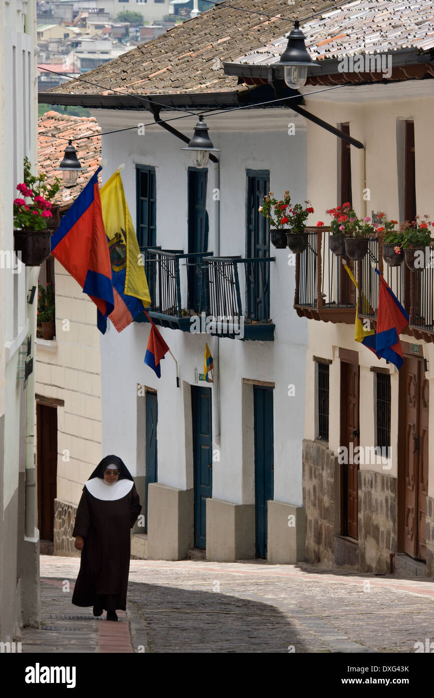 Old colonial street of Calle Ronda in Quito in Ecuador - South America Stock Photo