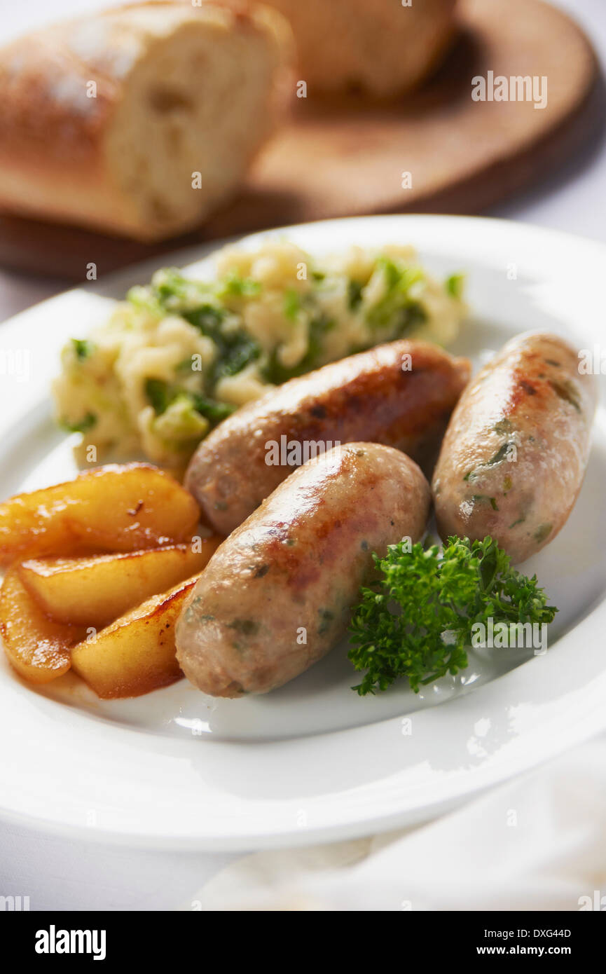 Plate Of Pork And Leek Sausages With Bubble And Squeak Stock Photo Alamy
