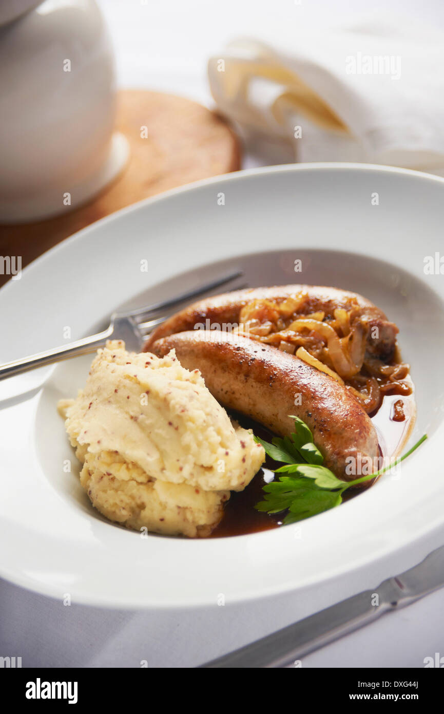 Plate Of Pork Sausages With Mustard Mash Stock Photo Alamy