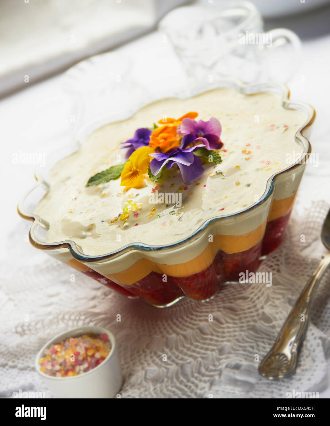 Bowl Of Homemade Sherry Trifle With Flowers Stock Photo Alamy