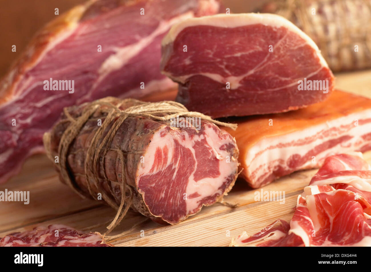 Display Of Cooked Meats In Charcuterie Stock Photo