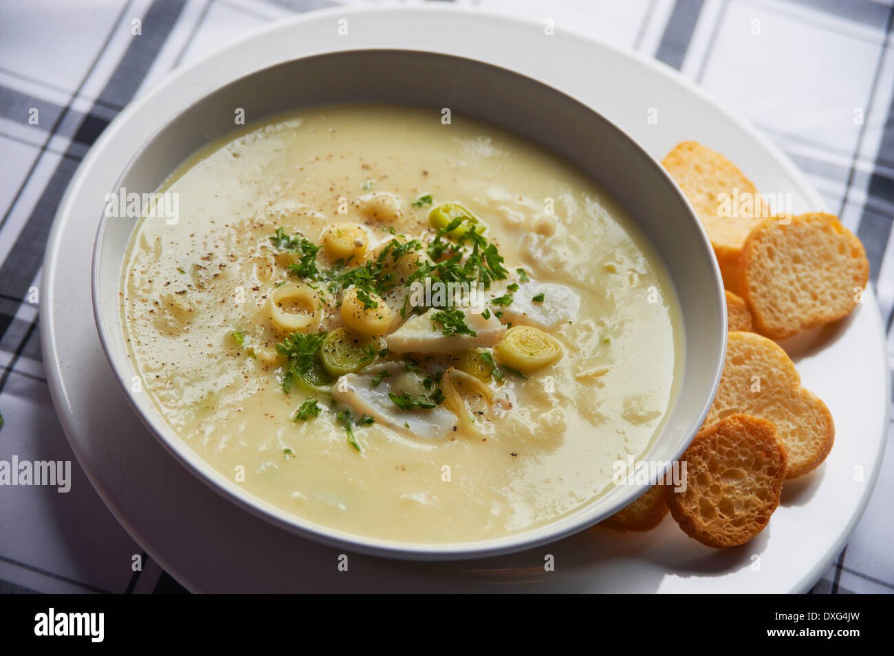 Bowl Of Homemade Leek And Potato Soup Stock Photo