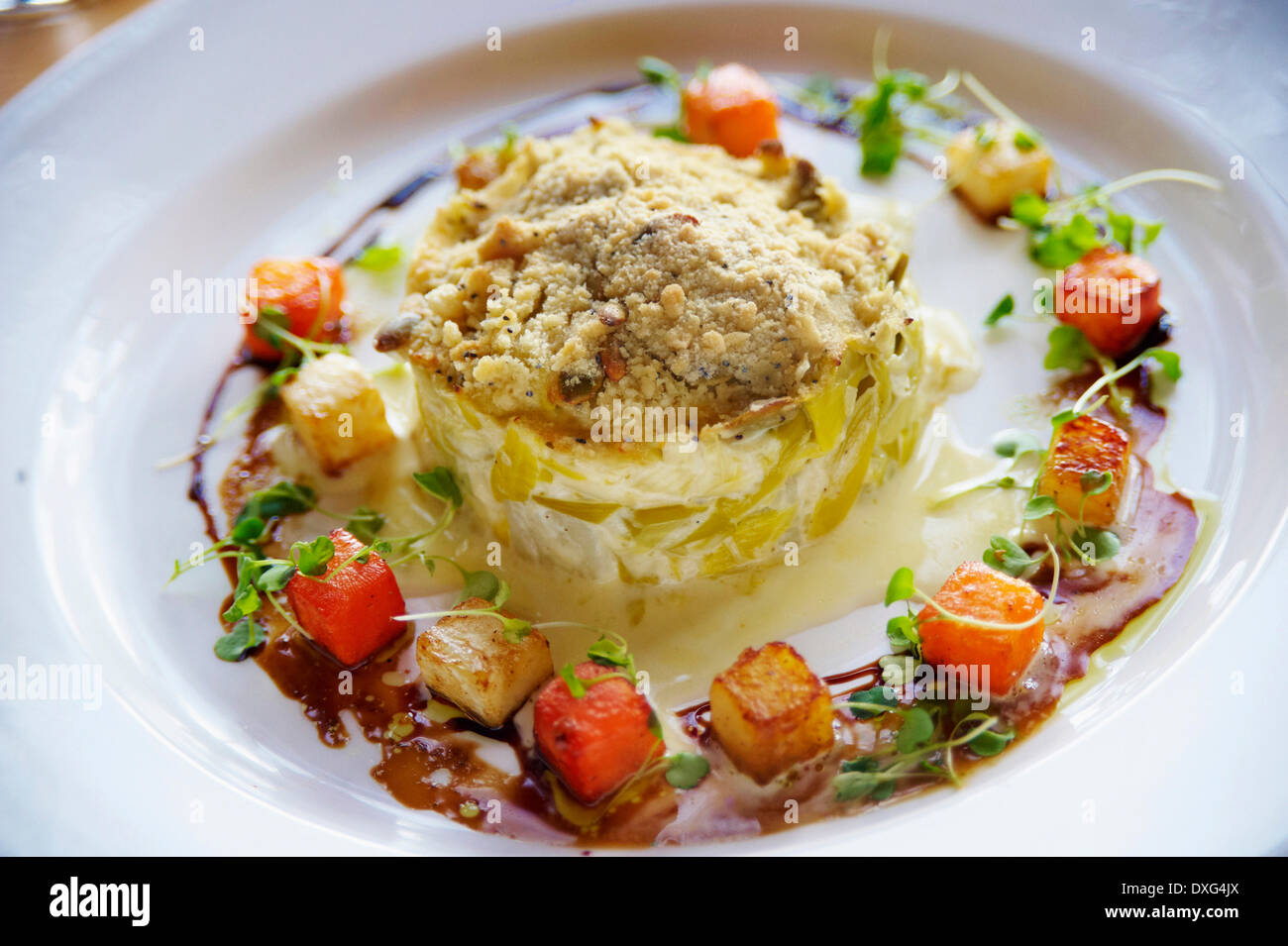 Bowl Of Homemade Leek And Potato Crumble Stock Photo