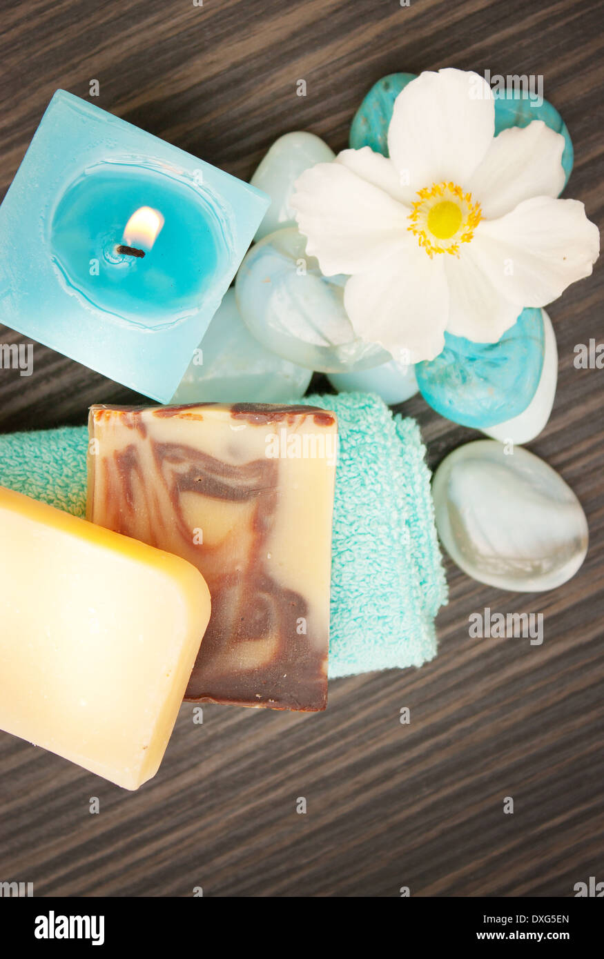 Beauty spa products. Wellness massage treatment products. Stock Photo