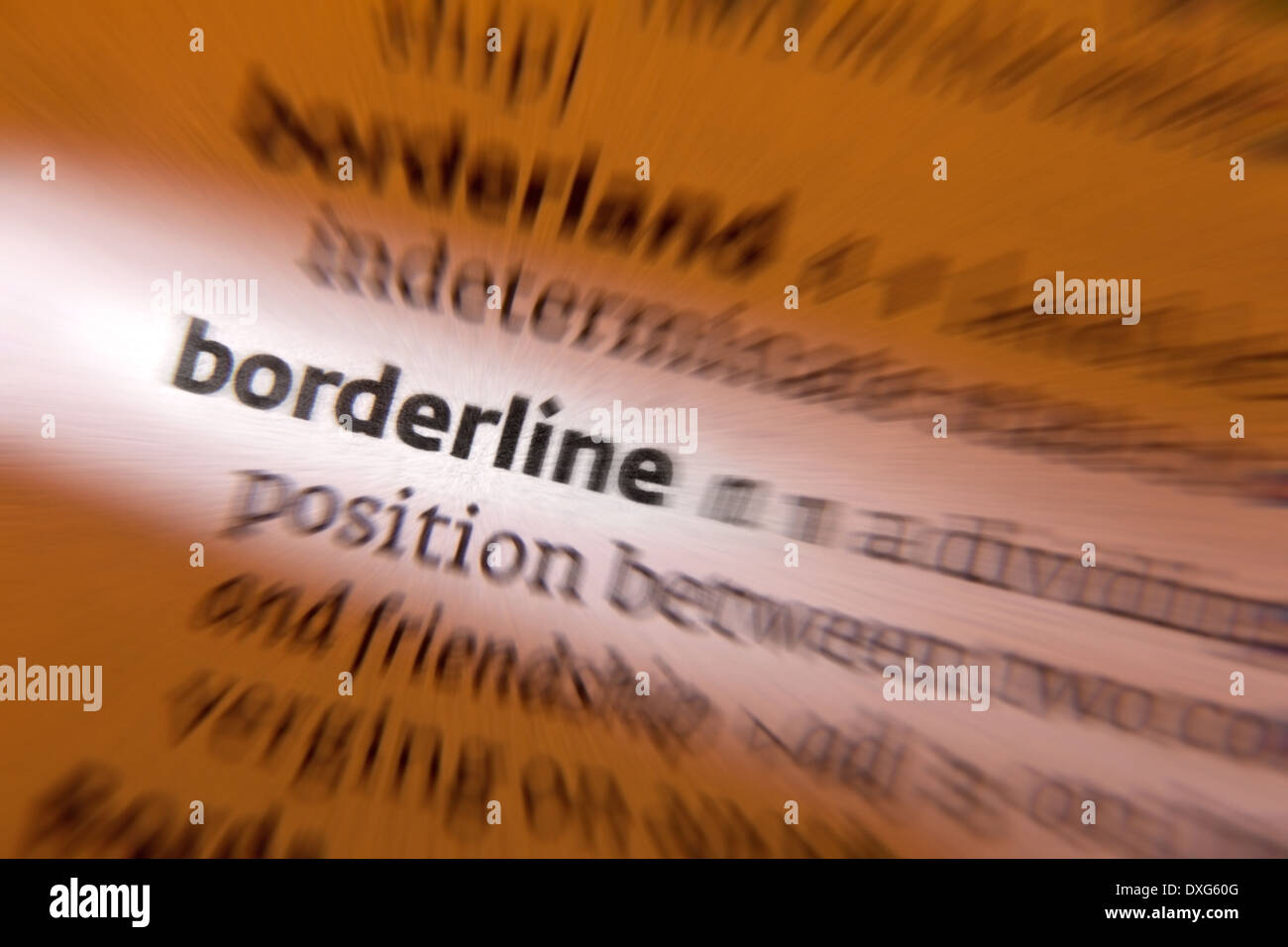 Borderline - a division between two distinct (often extreme) conditions. Stock Photo