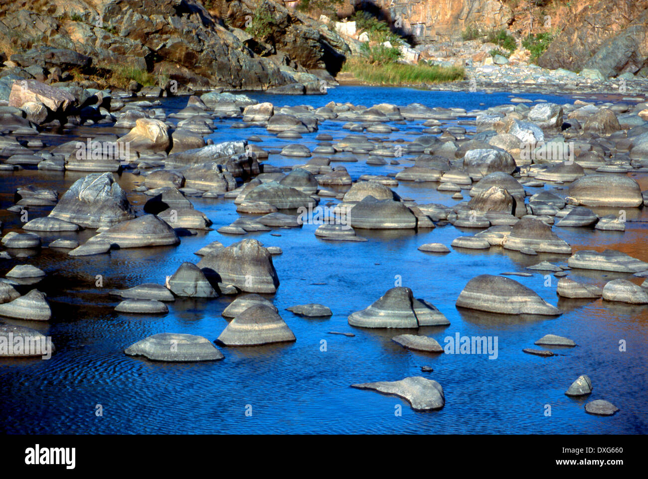 Rocks appear to float in the White Umfolozi River Gorge near Melmoth, KwaZulu-Natal Stock Photo