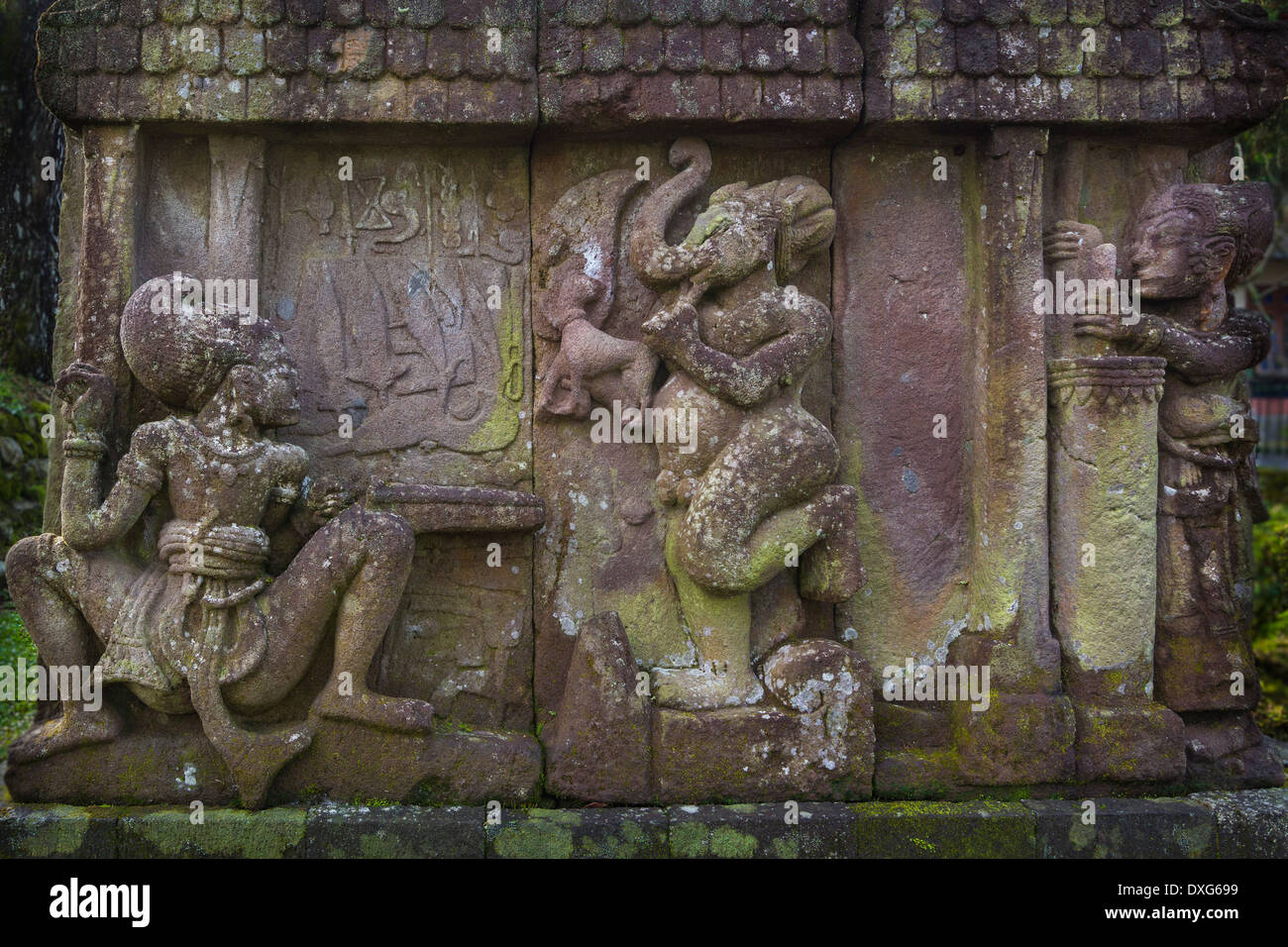 Bas relief Candi Sukuh, a Javanese Hindu temple located on the western slope of Mount Lawu, Java, Indonesia. Stock Photo