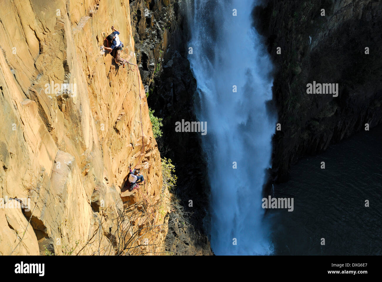 Rock climbers at Howick Falls, KZN Stock Photo