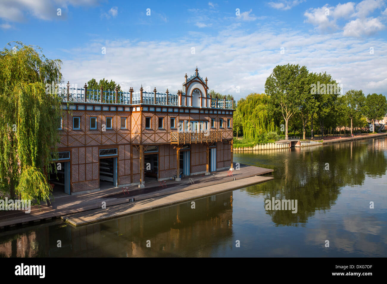 The old boathouse on the waterfront of the River Somme in the town of Amiens in the Picardy region of northern France. Stock Photo