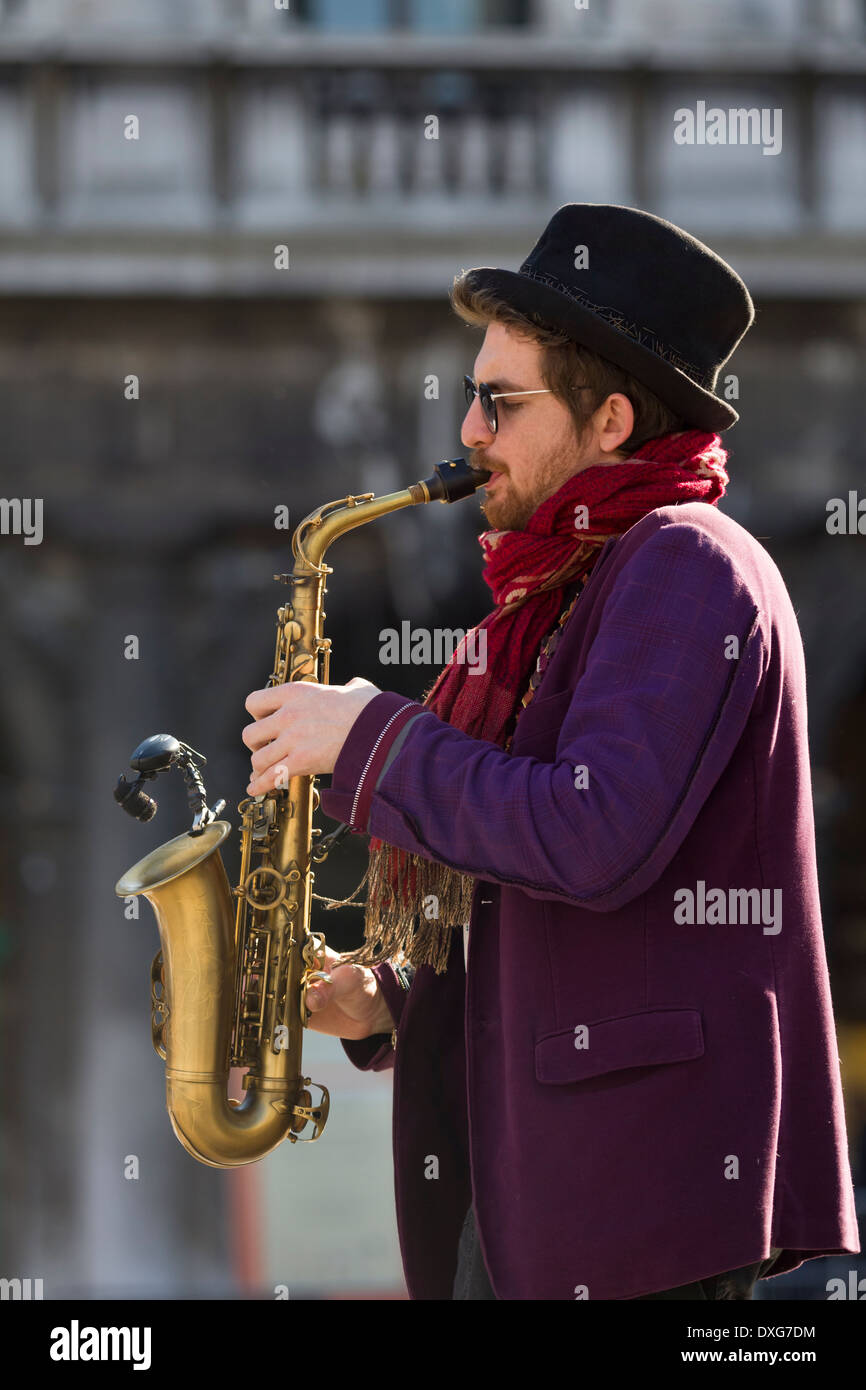 Saxophonist performing during 2014 Venice Carnival, Venice, Italy Stock Photo