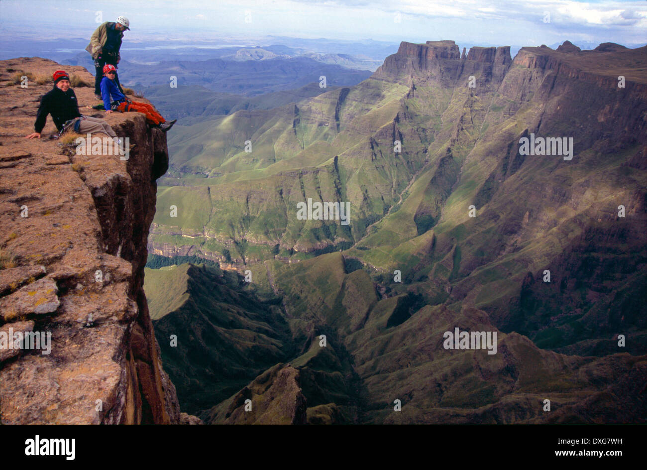 Climbers on the summit of The Sentinel, Drakensberg Stock Photo