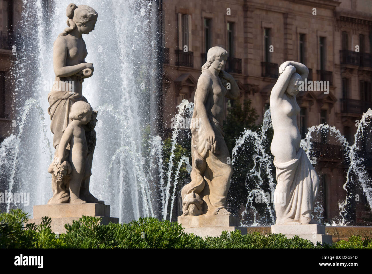 The fountains in Placa Catalunya in the city of Barcelona in the Catalonia region of Spain. Stock Photo