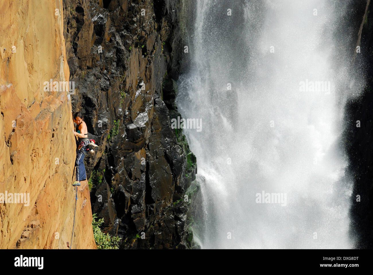 Rock climber at Howick Falls, KZN Stock Photo
