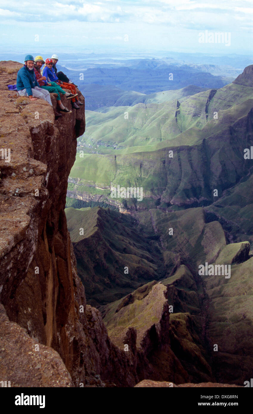 Climbers on the summit of The Sentinel, Drakensberg Stock Photo