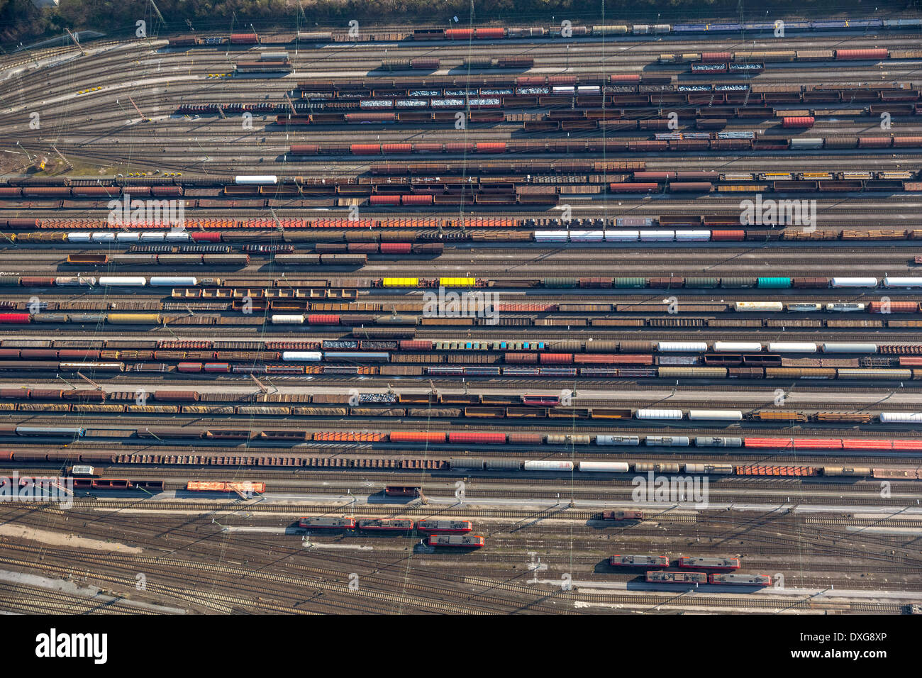 Aerial view, marshalling yard, freight cars, Hagen, Ruhr Area, North Rhine-Westphalia, Germany Stock Photo