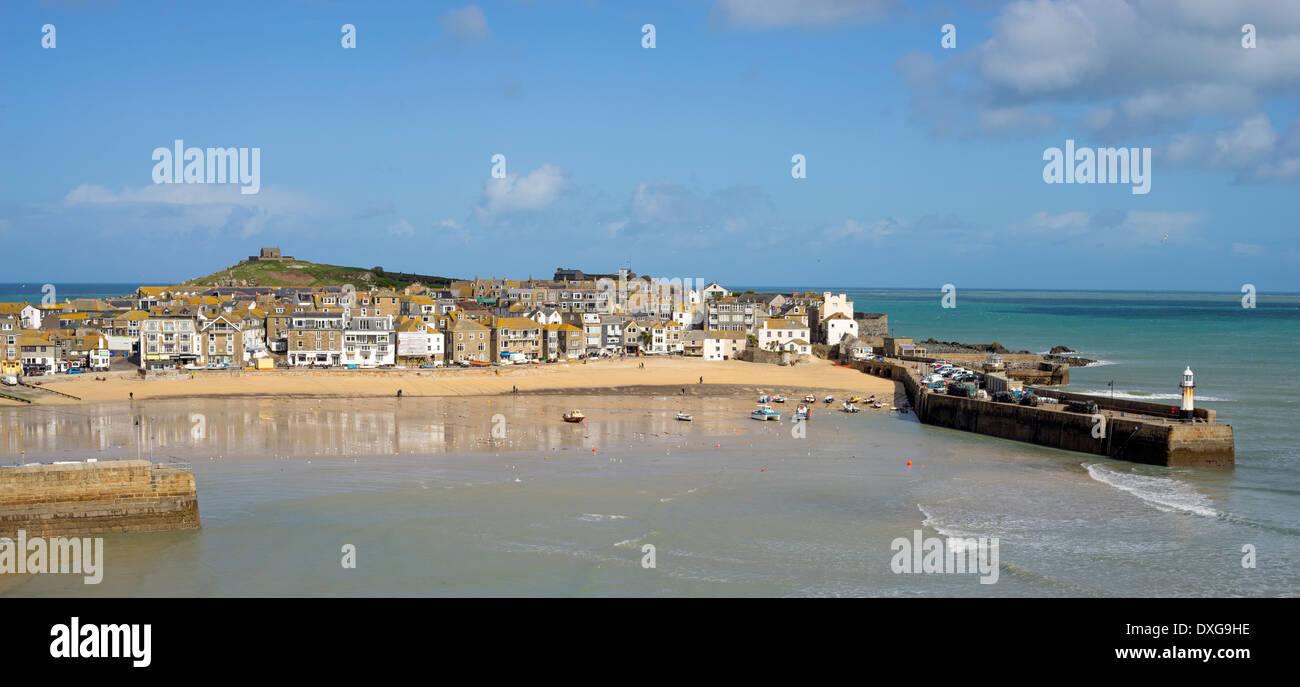St. Ives harbour beach town and pier panorama, Cornwall England. Stock Photo