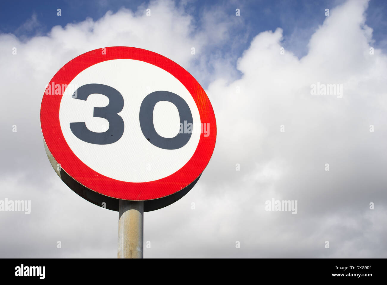 30 miles per hour mph road speed sign close up Stock Photo