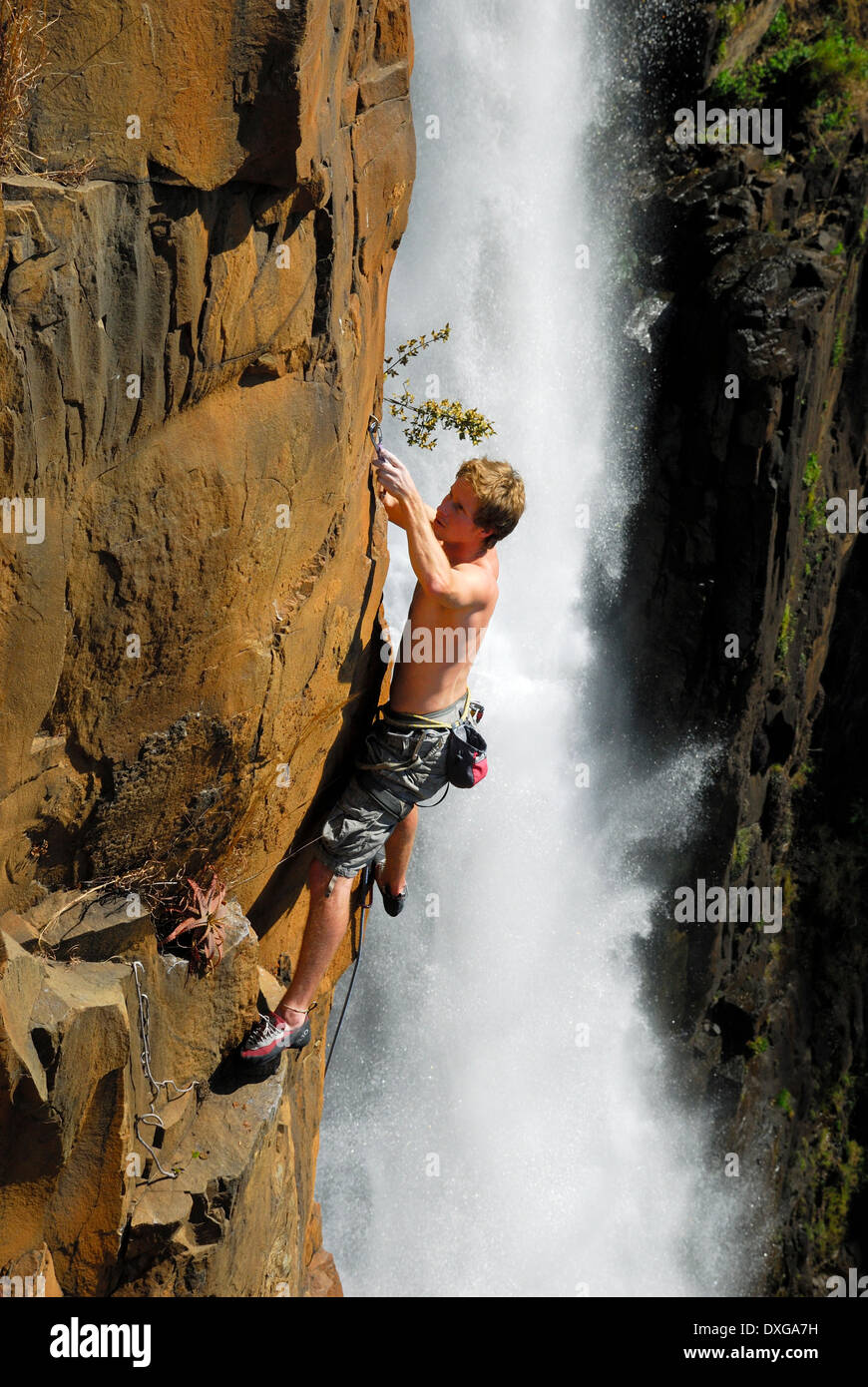 Rock climber at Howick Falls, KZN Stock Photo