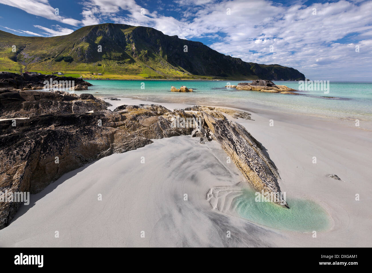 The white sandy Refviksanden Beach, Vågsøy island, Sogn og Fjordane ...
