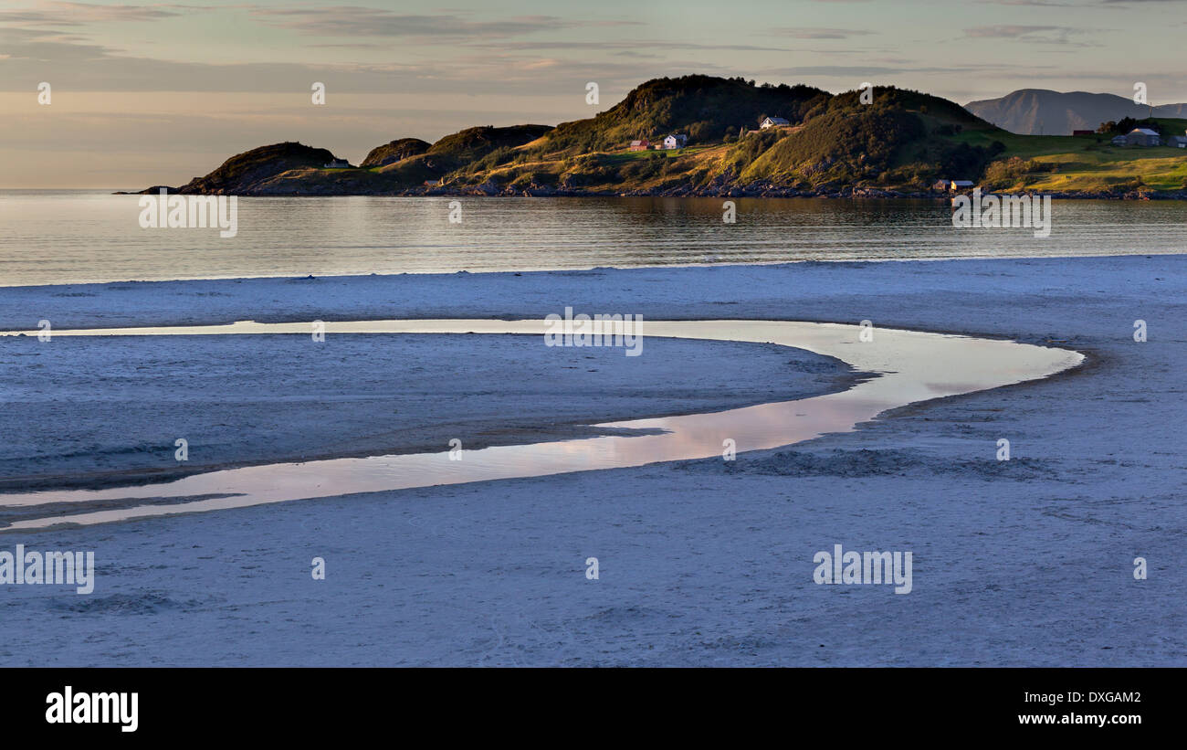 Refviksanden Beach with estuary in the evening light, Vågsøy island ...