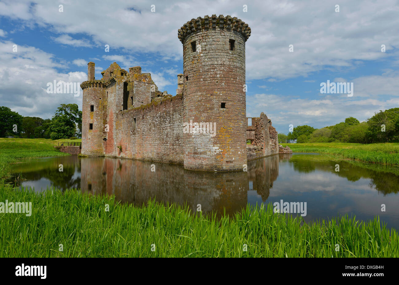 Ruins of Caerlaverock Castle, the only triangular-shaped moated castle in Scotland, seat of the Maxwell clan Stock Photo