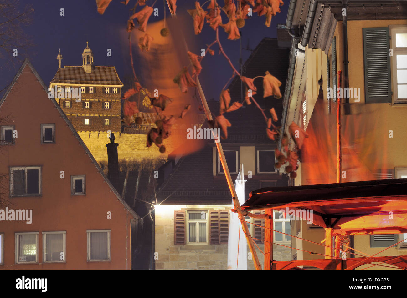 castle and medieval banners at night, Esslingen Stock Photo Alamy