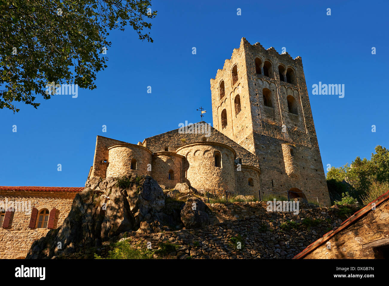 First Romanesque or Lombard Romanesque style Abbey of Saint Martin-du-Canigou, Pyrénées-Orientales, France Stock Photo