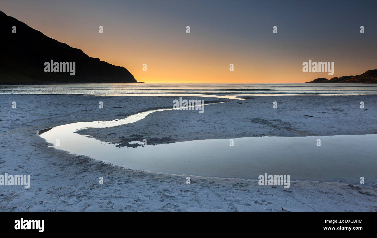 Refviksanden Beach with estuary in the evening light, Vågsøy island ...