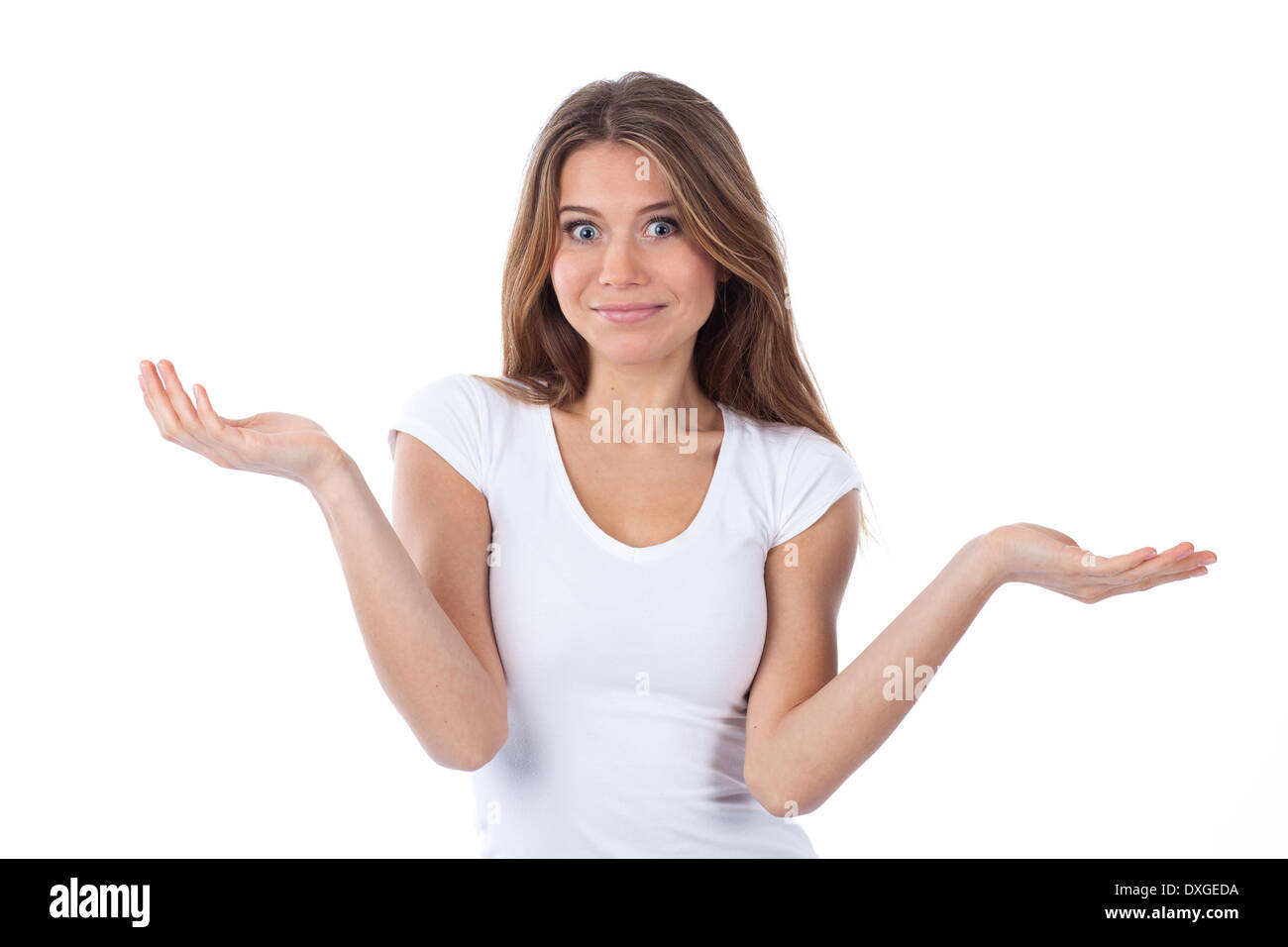 Portrait of a beautiful woman having a doubting gesture, isolated on white Stock Photo