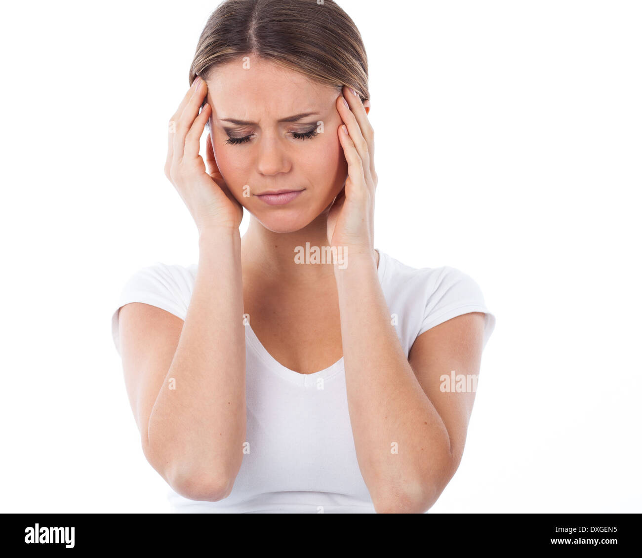 Portrait of young woman suffering from headache, isolated on white Stock Photo