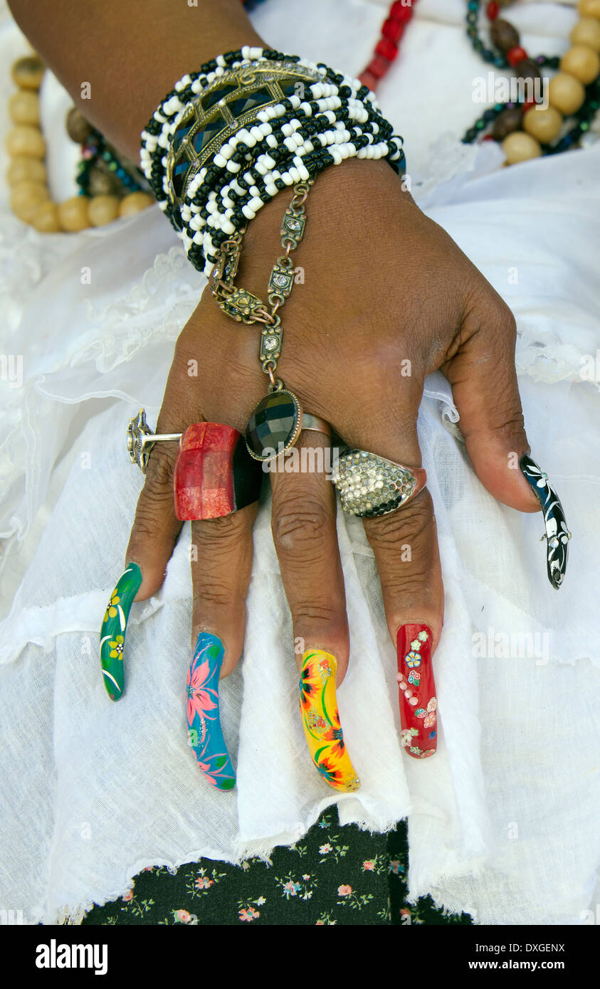 Close-up manicured finger nails and jewellery Old Havana Cuba Stock Photo