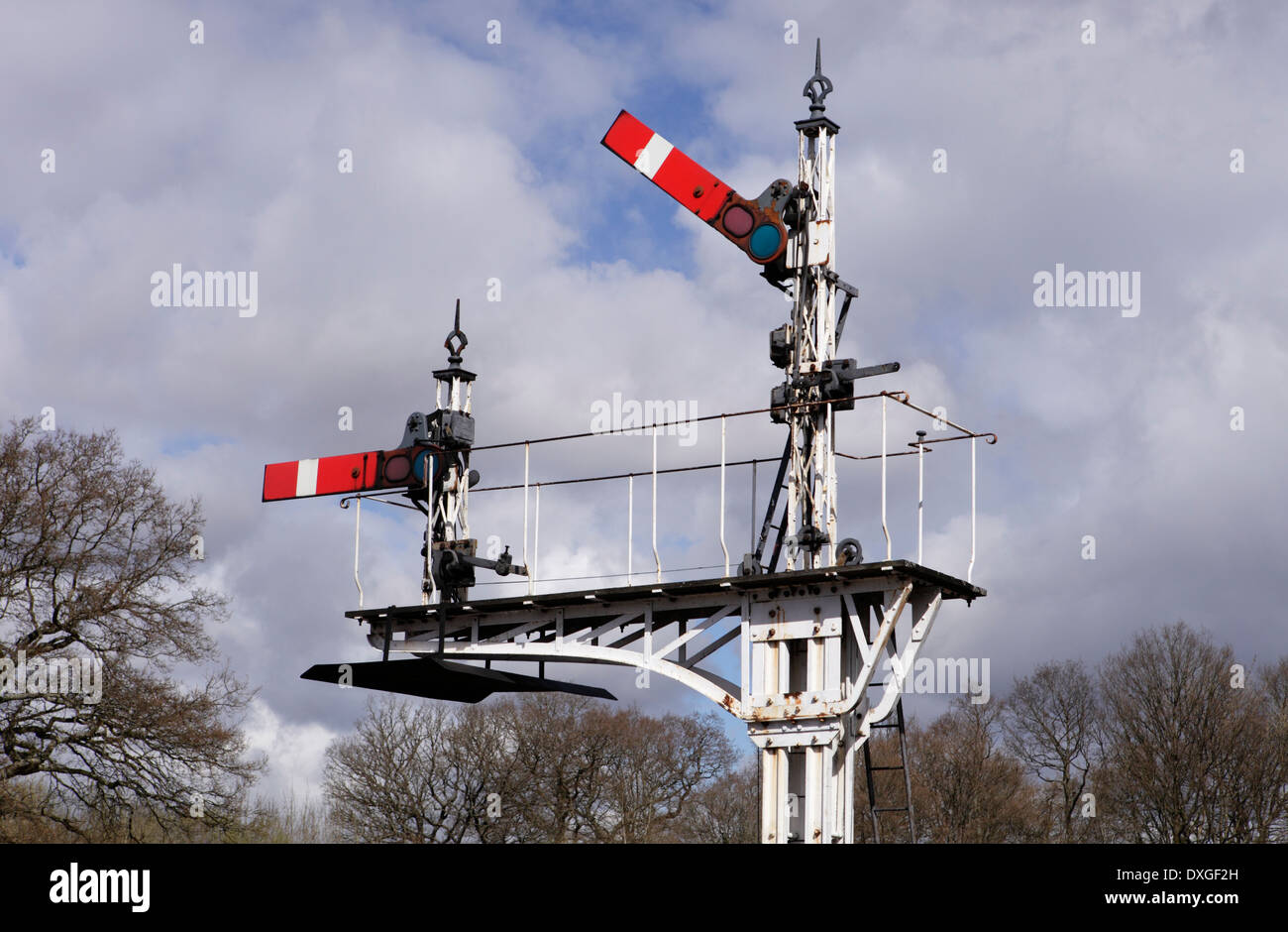 Semaphore signal gantry at Horsted Keynes station, Bluebell Railway Stock Photo