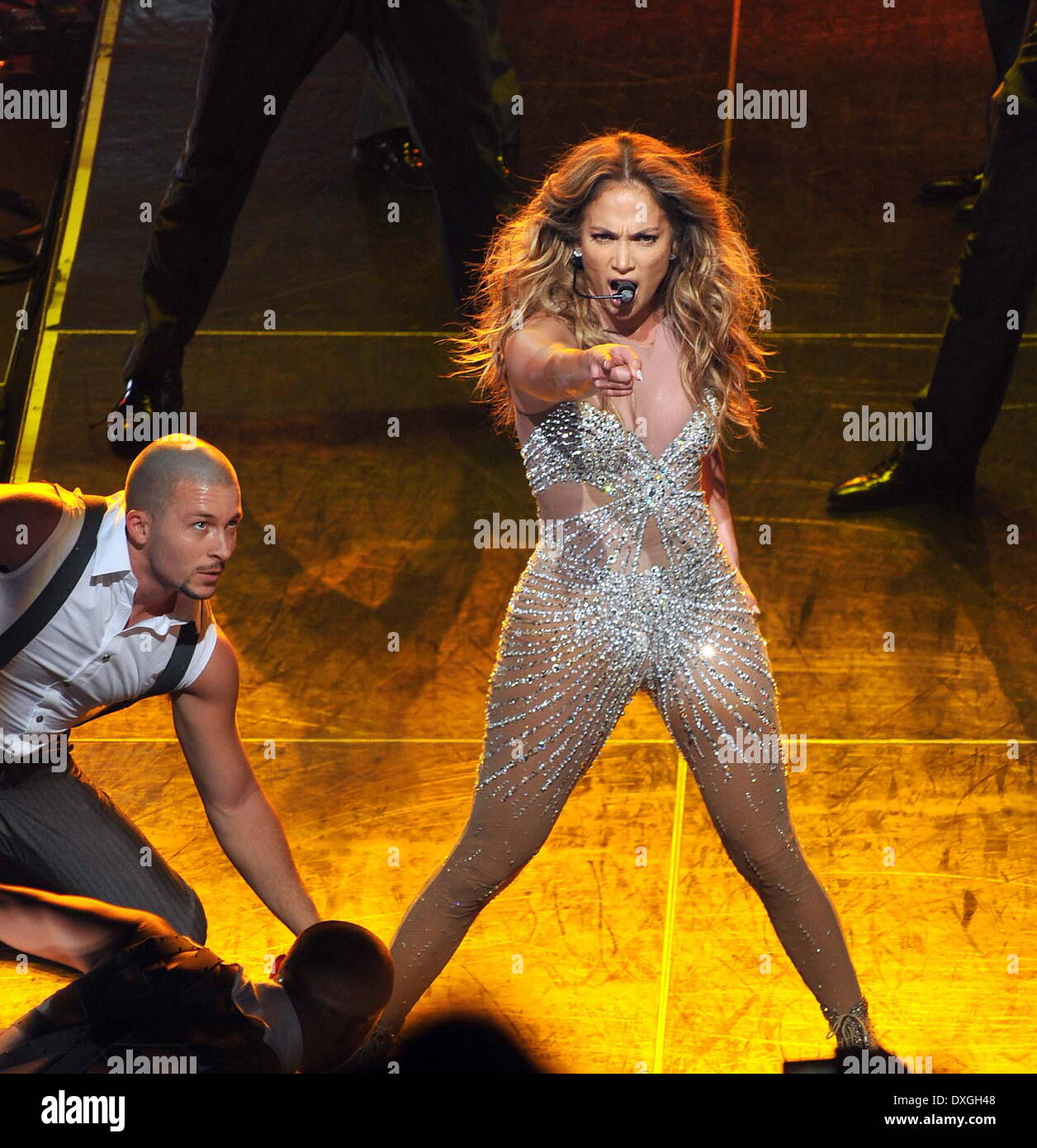 Jennifer Lopez performing on stage during her world tour 'Dance Again