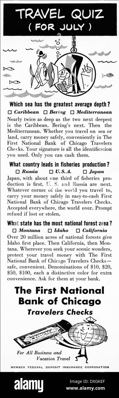 1950s advertisement for The First National Bank of Chicago Travelers Cheques advert in American magazine circa 1954 Stock Photo