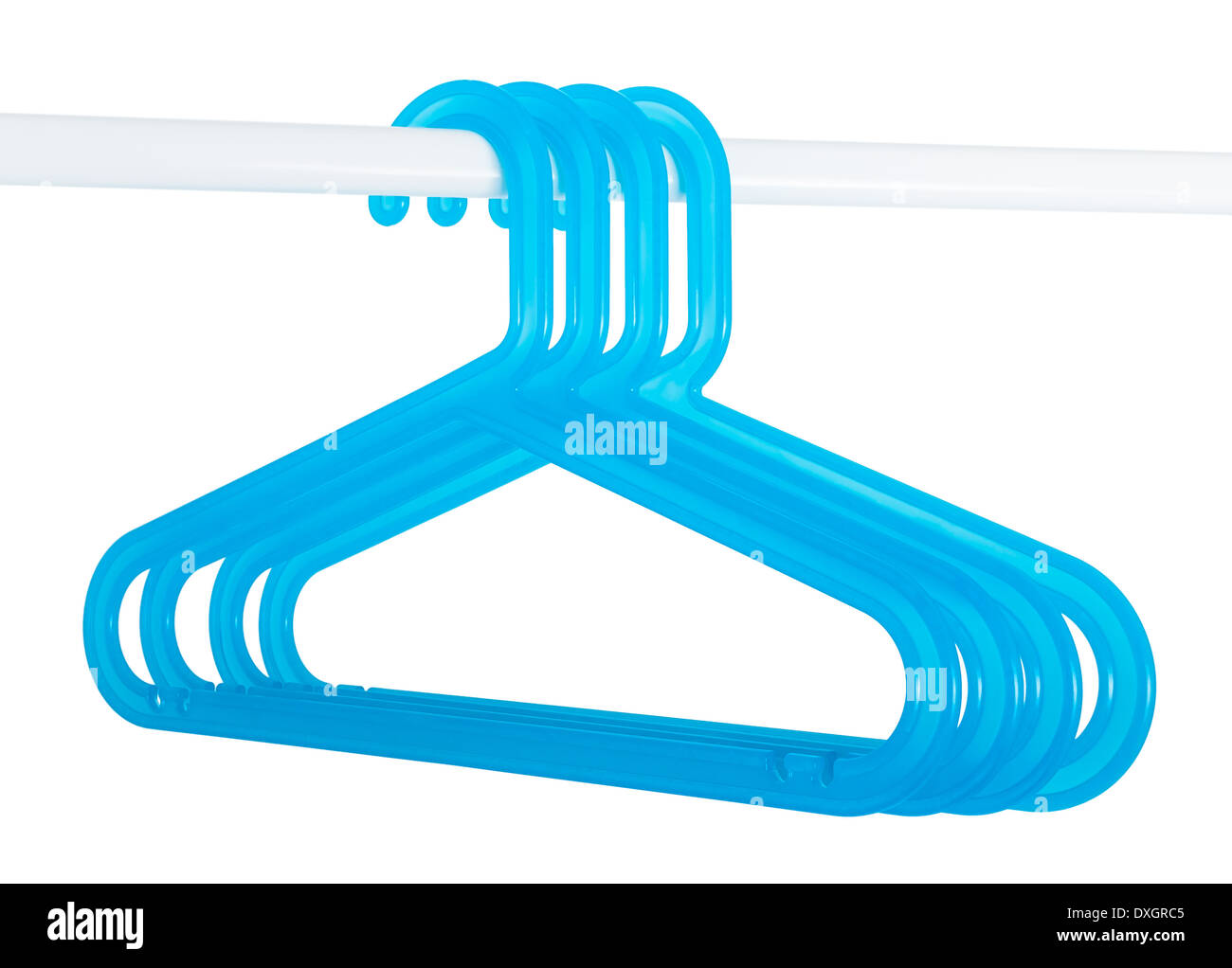 Blue plastic hangers hanging on a rod isolated on white background