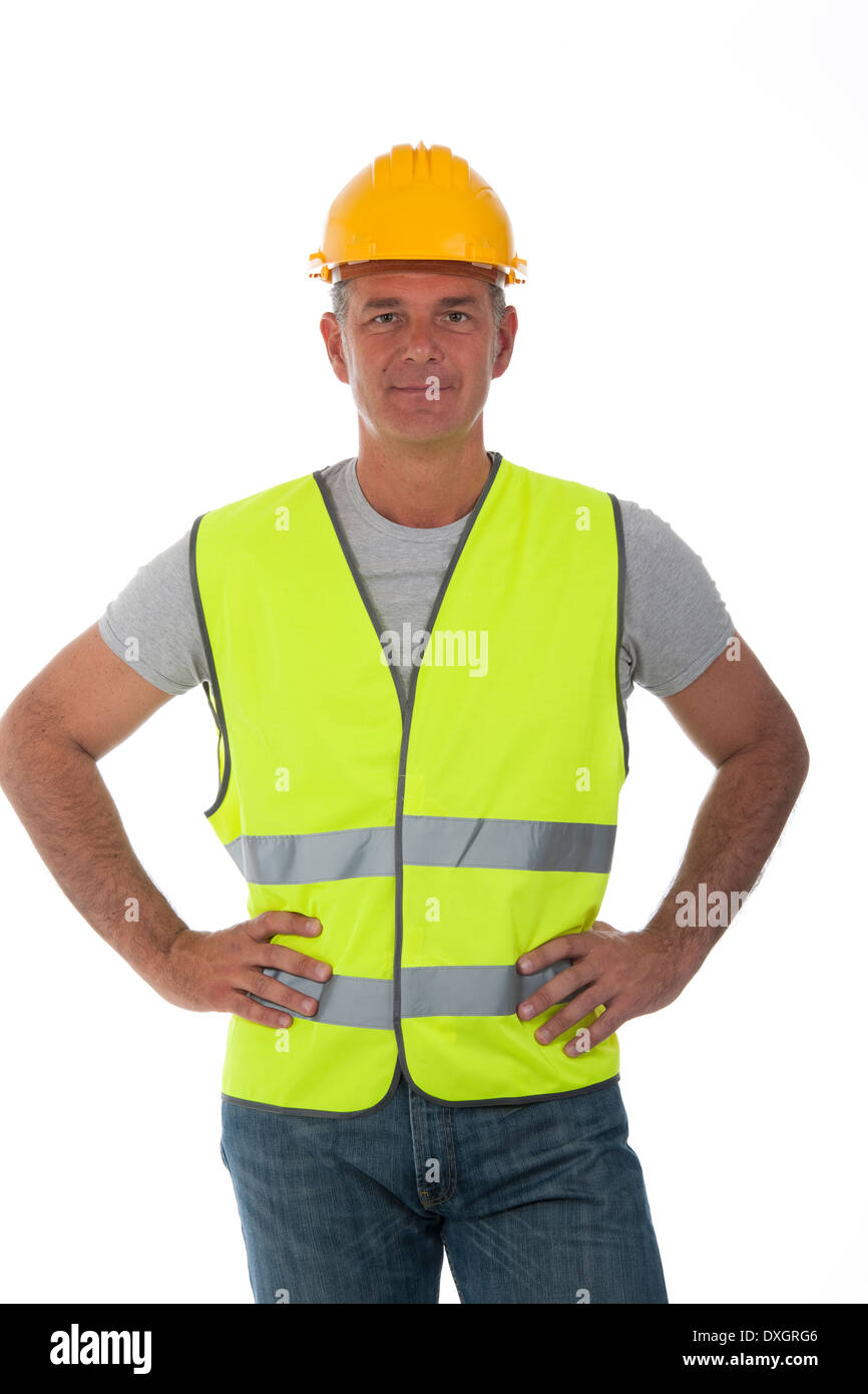 Construction worker wearing hard hat and vest Stock Photo Alamy