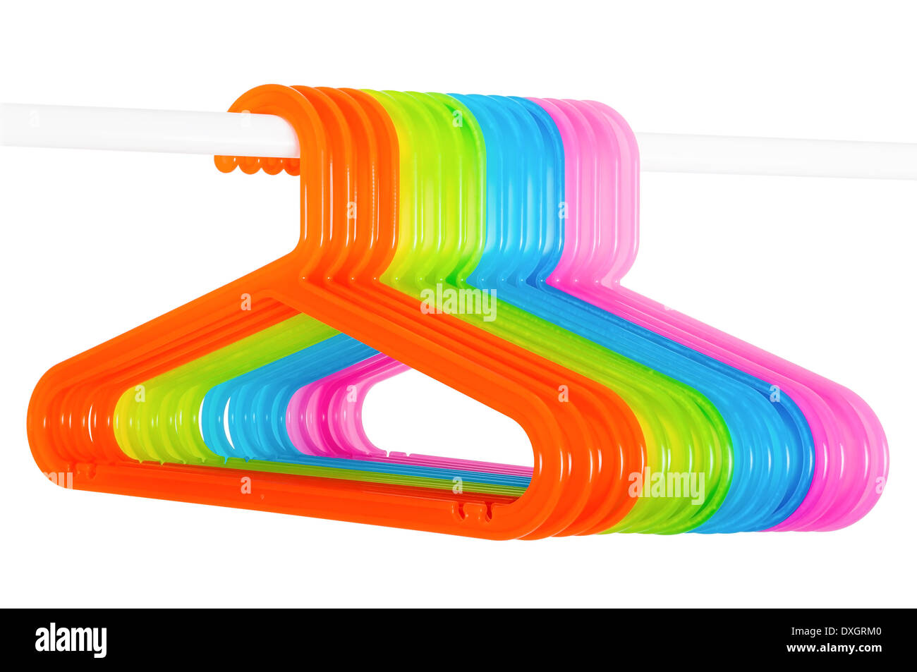 Colored plastic hangers hanging on a rod isolated on white background Stock  Photo - Alamy