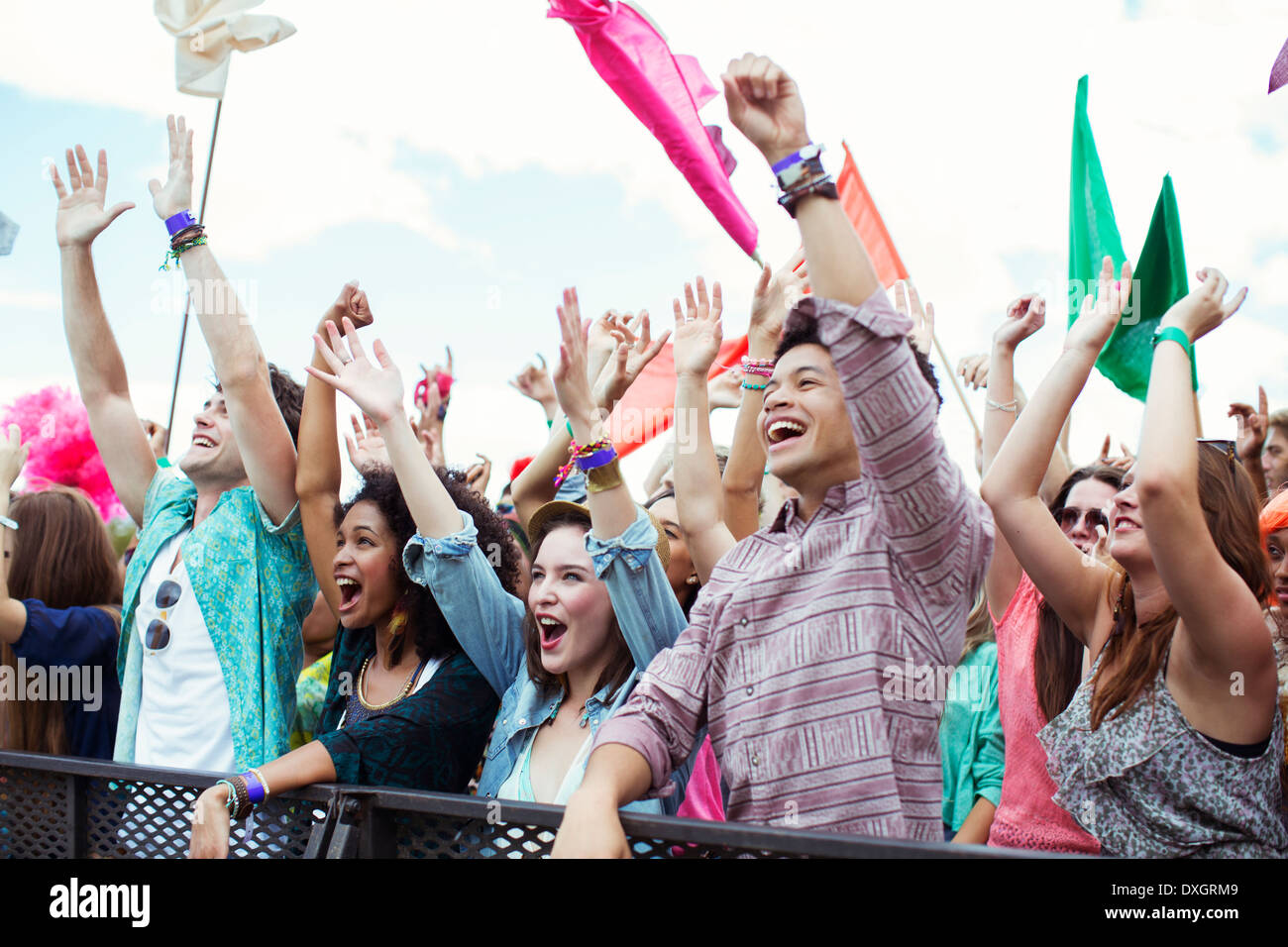 Fans cheering at music festival Stock Photo