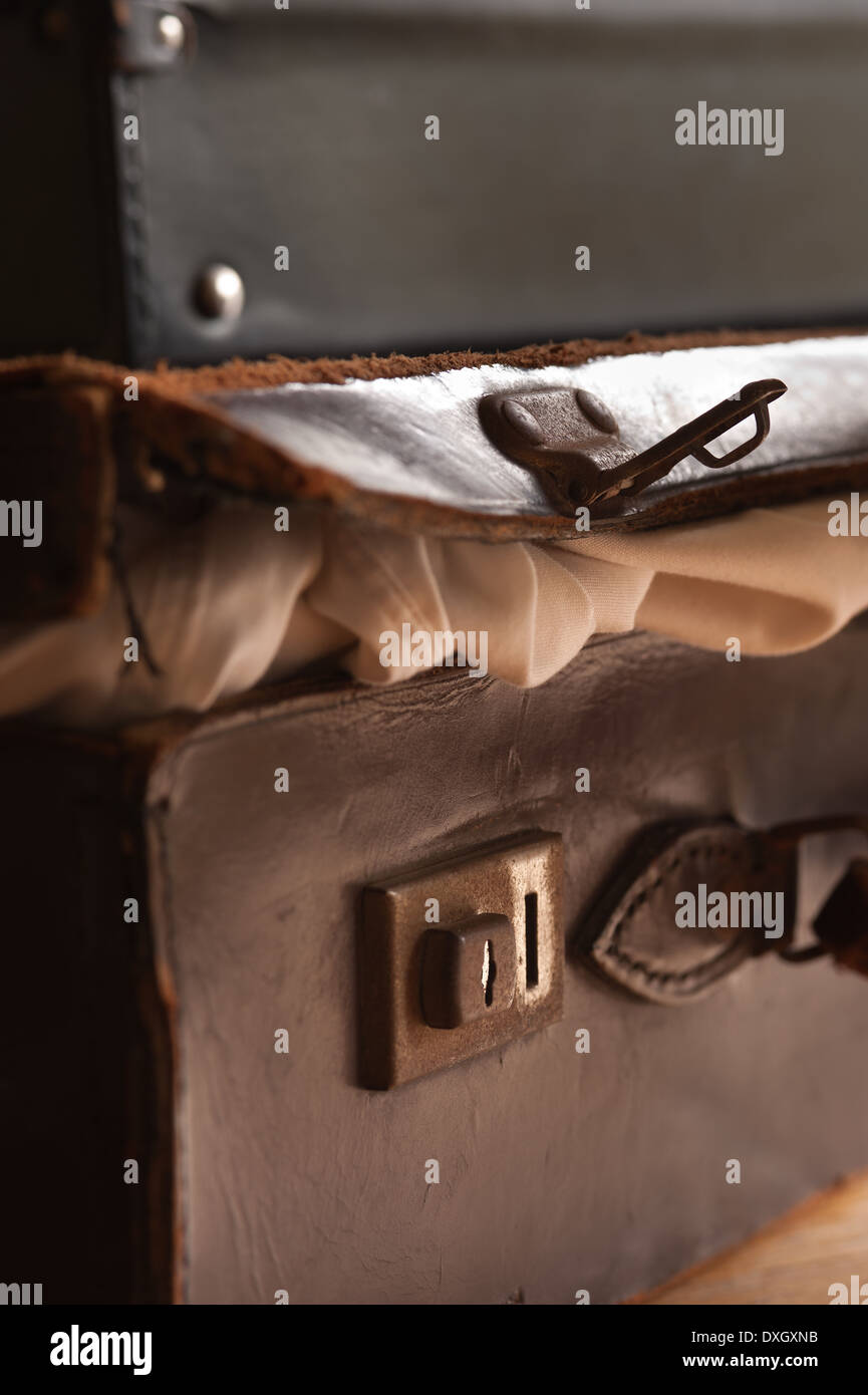 old fashioned leather handmade suitcase with latches lock and handle