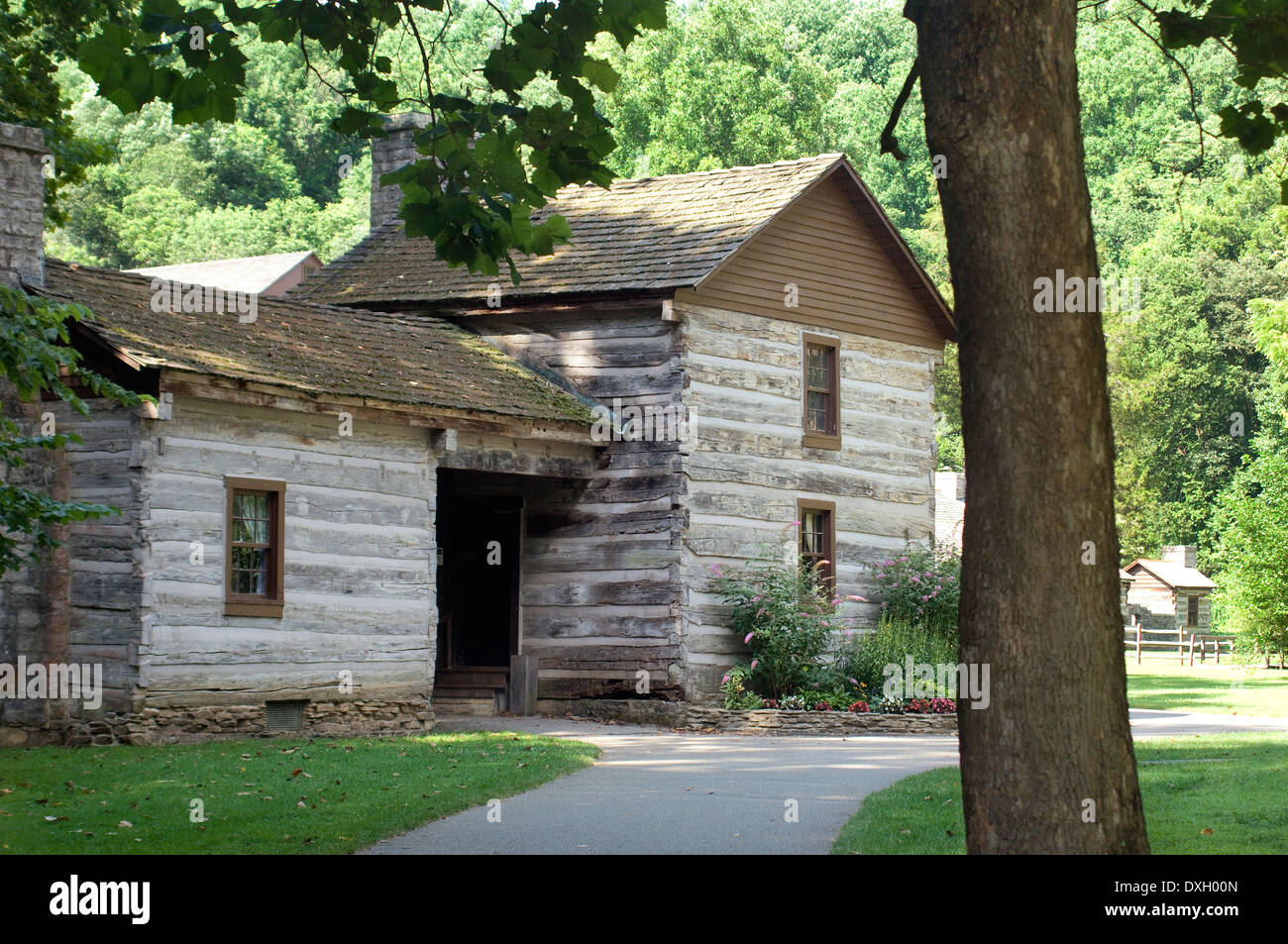 Log home built in 1816, Spring Mill Pioneer Village, Indiana. Digital photograph Stock Photo