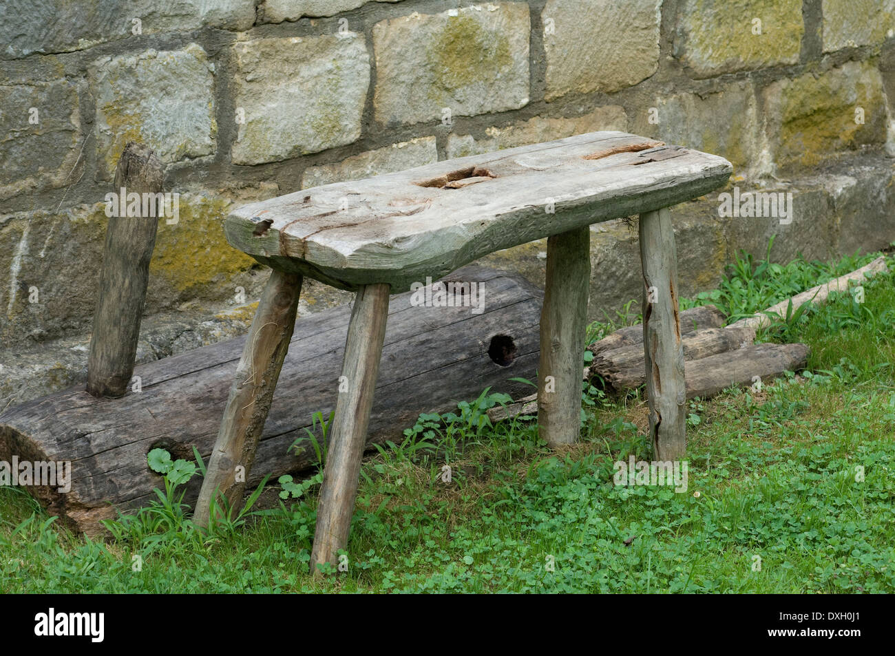 Handmade bench in Spring Mill Pioneer Village, Indiana. Digital photograph Stock Photo