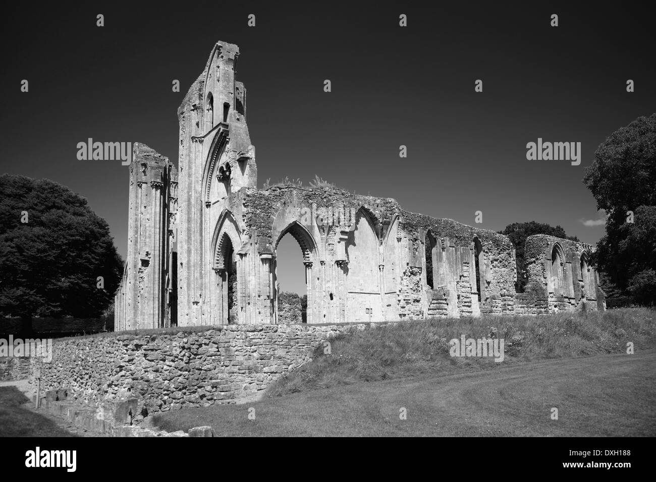 Ruins of Glastonbury Abbey, Glastonbury town, Somerset, England, UK Stock Photo