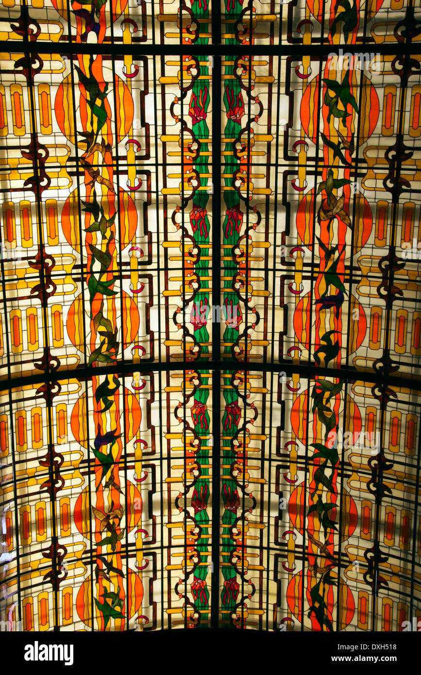 Stained glass ceiling Raquel Hotel Historic Centre Havana Cuba Stock Photo