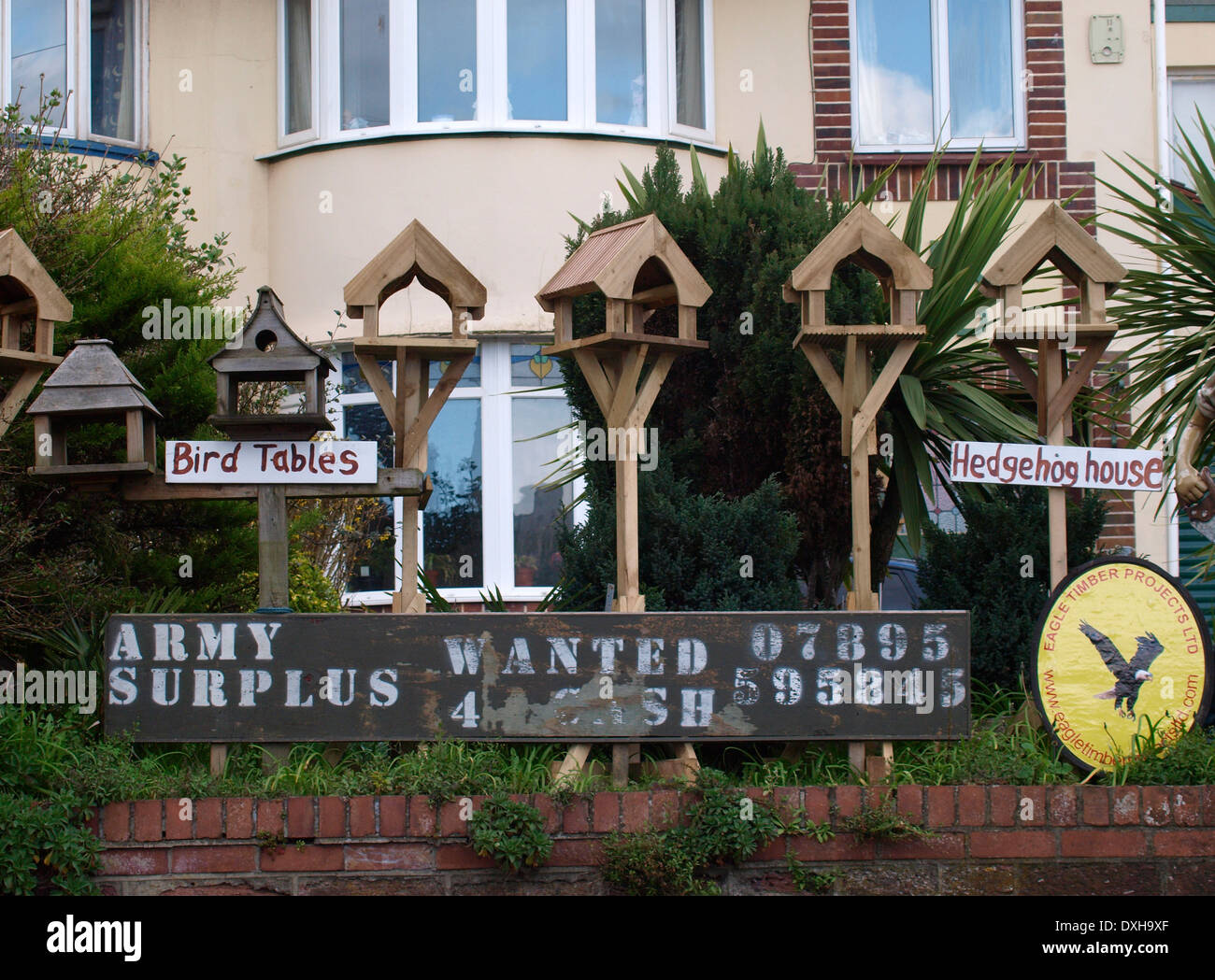Bird tables being sold from front garden of a house, Paignton, Devon, UK Stock Photo