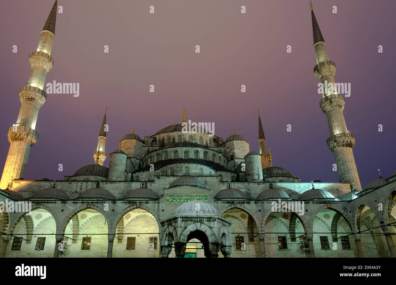 Sunset inside the courtyard of the Blue Mosque or Sultan Ahmet Camii ...