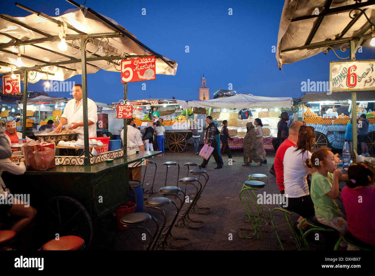 Africa, Morocco, Marrakech, Djemaa El Fna, UNESCO square market place by night Stock Photo