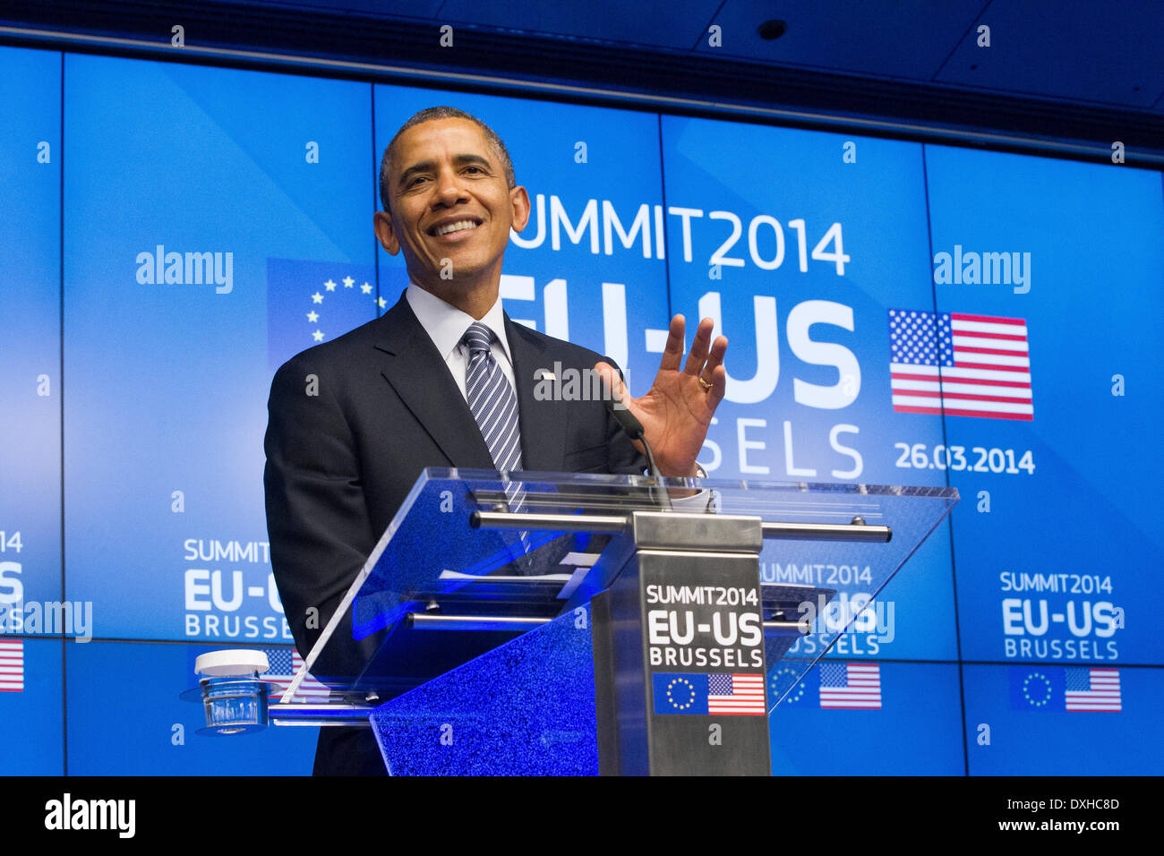 Barack Obama united states US president visits EU portrait headshot serious speak speaking hands Stock Photo