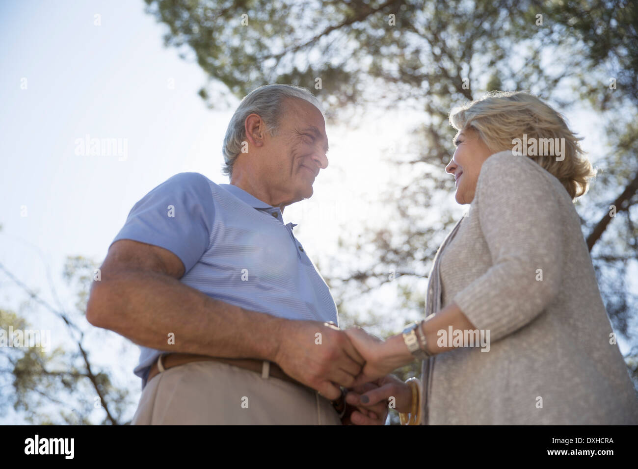 Happy senior couple holding hands under tree Stock Photo