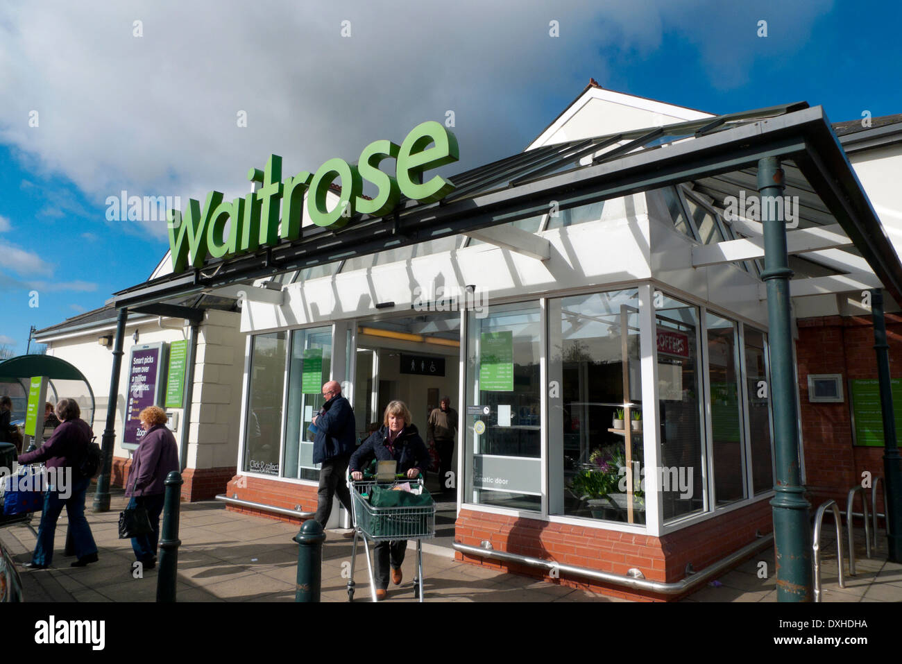 Shoppers leaving Waitrose supermarket in Monmouth, Monmouthsire UK