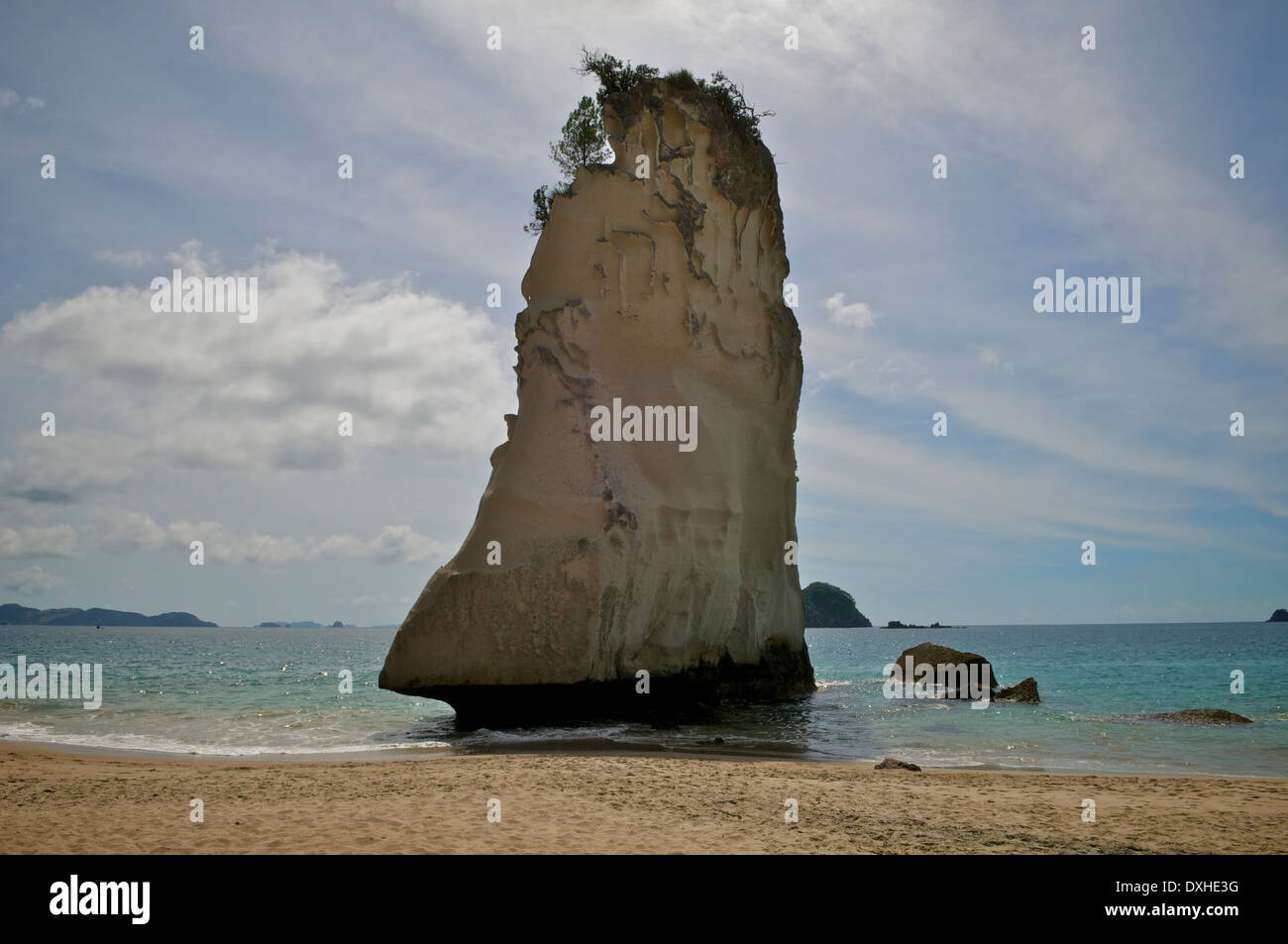 Large rock pillar or tower in Cathedral Cove, on the Coromandel